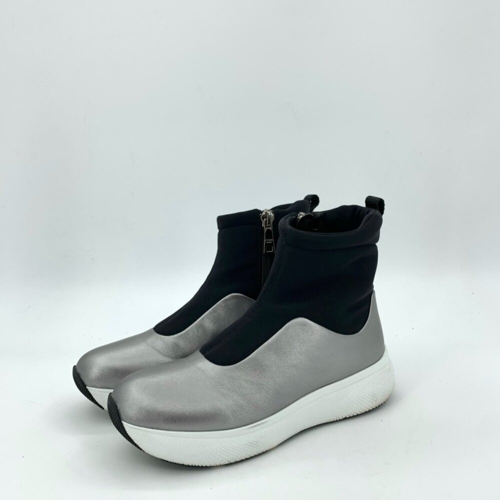 002576 Prada Silver and Black Thick Bottom Zipper High Top Shoes Size 36
